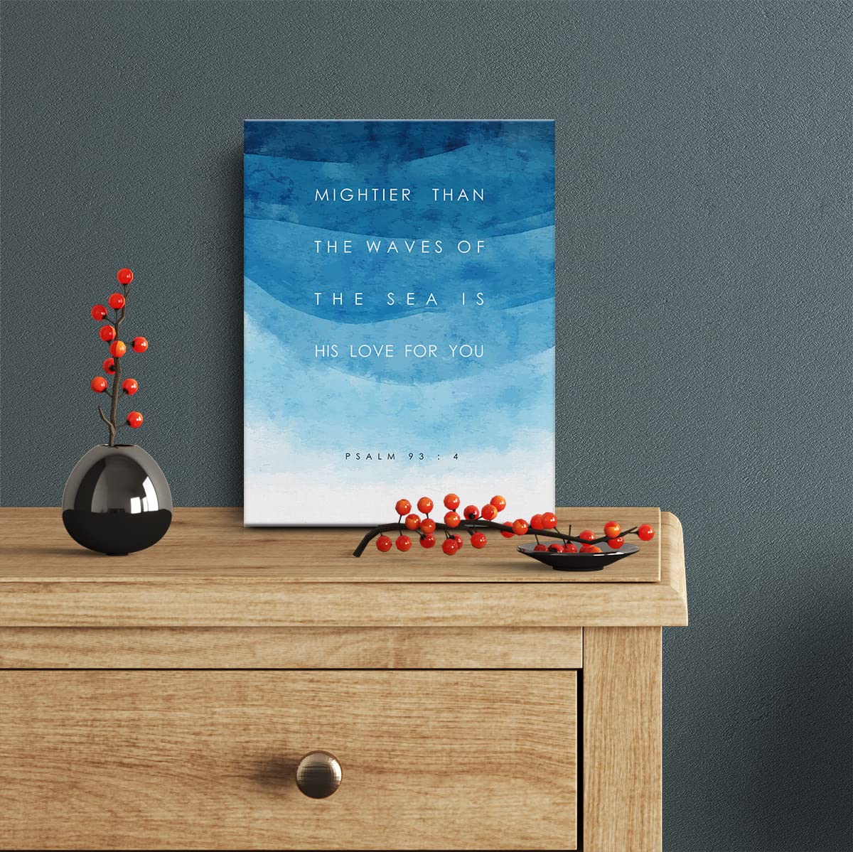 Bible Verse Canvas Print Decor Mightier Than The Waves Psalm 93:4 Wall Painting Posters Blue Artwork 12   X15   Home Office Deco